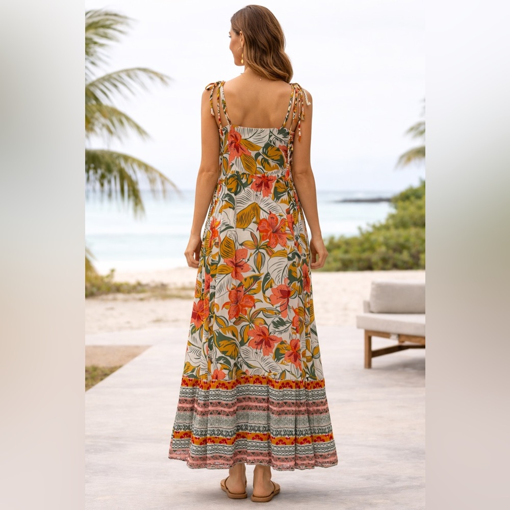 Women’sTropical Floral Maxi Dress Tie Strap Button Front Boho Summer dress SizeL